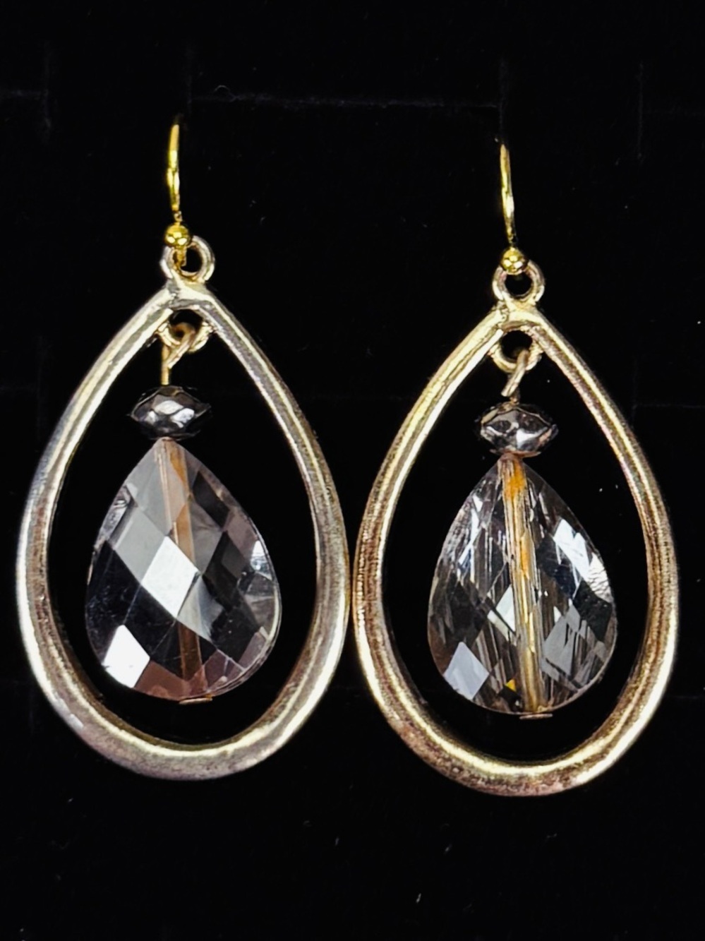 Vintage aged light goldtone, weighted clear bead dangle pierced earrings